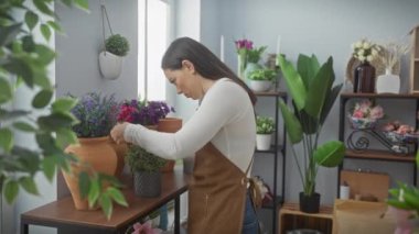 Kahverengi önlüklü, gülümseyen bir çiçekçi kadın parlak bir çiçekçinin içinde renkli çiçekler düzenler..