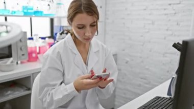 Laboratuvarda stresli bir kadın bilim adamı akıllı telefonuna tıbbi ekipmanların arasında bakıyor..