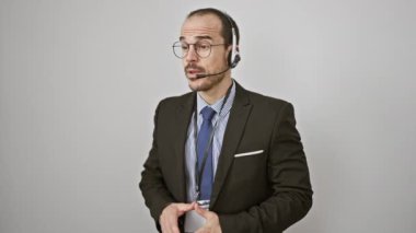Sakallı, gözlüklü ve kulaklıklı profesyonel bir İspanyol, beyaz tenli, müşteri hizmetlerini canlandıran....