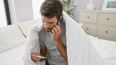 Parlak yatak odasındaki termometreye bakarken sakallı, endişeli bir İspanyol telefon görüşmesi yapıyor.