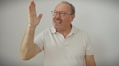 Gözlük takan cahil orta yaşlı adam, kolları açık duruyor, beyaz soyutlanmış arka planda şaşkın bir ifade - ne bir fikir, ne bir yön..