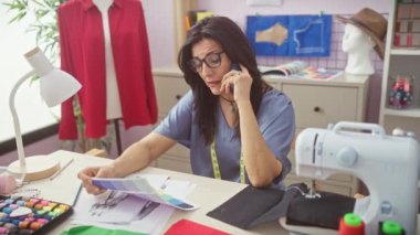 Odaklanmış olgun bir kadın renkli bir terzi dükkanında telefonla konuşurken kumaş örneklerini inceler..
