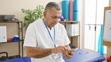 Tıbbi üniformalı yetişkin bir İspanyol, parlak bir rehabilitasyon kliniğinin içindeki akıllı telefona odaklanır..