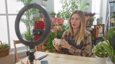 Gözlüklü genç bir kadın, parlak bir çiçekçide orkideyle ilgilenir. Yüzük ışığı ve akıllı telefonuyla özel ders notlarını yakalar..