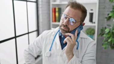 Klinikte telefonla konuşan düşünceli bir erkek doktor.