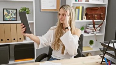 Genç bir kadın modern ofis ortamında selfie çekiyor, iş ortamında günlük tarz ve teknoloji kullanımı sergiliyor..