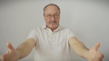 Gözlüklü neşeli orta yaşlı adam, kollarını sonuna kadar açıp kucaklıyor, mutluluk saçıyor, arkadaşlığı kucaklamaya hazır, beyaz bir arka planda izole edilmiş, kameraya hoş geldin gülümsemesi..