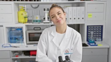 Cheerful young, beautiful hispanic woman, smiling brightly, pointing up with finger and hand while decked out in a scientist uniform at the lab