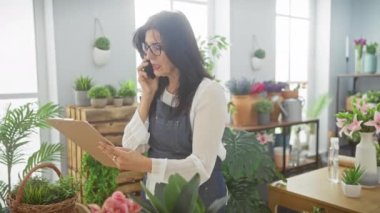 Önlük giymiş bir çiçekçide orta yaşlı bir kadın, canlı ev bitkilerinin arasında telefonla konuşurken notlar alıyor..