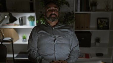 Geceleri ofiste gri saçlı, yorgun ve dalgın görünen olgun sakallı bir adam..