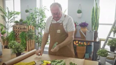 Önlüklü olgun bir adam kapalı alandaki yeşil çiçekçi dükkanında taze çiçekler düzenler..