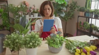 Çiçekçide bitkilerin fotoğrafını çekmek için tablet kullanan olgun İspanyol kadın..