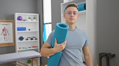 Kendine güvenen İspanyol genç adam, rehabilitasyon kliniğinin enerjisinden zevk alıyor. Elinde yoga minderiyle gülümsüyor, pozitiflik ve mutluluk yayıyor..