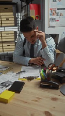 Düşünceli bir genç adam, kanıt ve delillerle çevrili bir karakolda belgeleri analiz eder..