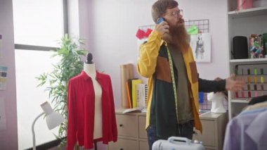 Terzi dükkanındaki sakallı adam renkli kumaşlar ve mankenlerin arasında telefonla konuşuyor.