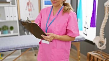 Pembe önlüklü, gülümseyen Latin sağlık görevlisi kliniğin içinde bir pano tutuyor..