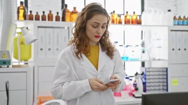 Laboratuar üniformalı neşeli genç kadın zaferi kutluyor! Güzel, gülümseyen, başarısına güvenen, laboratuardaki akıllı telefonunu kullanarak muzaffer biri..