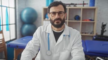 Steteskoplu beyaz laboratuar önlüklü, sakallı, gülümseyen bir adam klinikte başparmağını kaldırıyor.