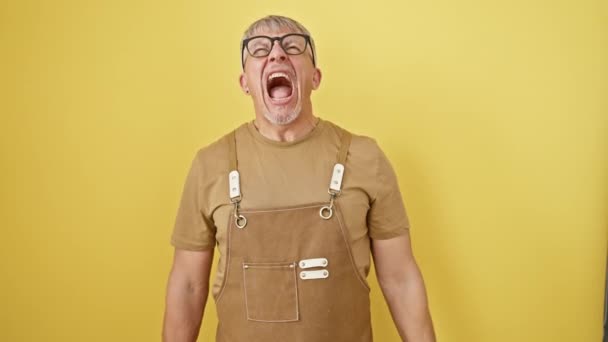 Furioso Hombre Mediana Edad Pelo Gris Con Gafas Delantal Grita — Vídeos de Stock