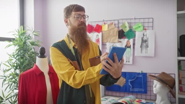 Redhead Άνθρωπος Γενειάδα Χρησιμοποιώντας Tablet Στο Ατελιέ Που Περιβάλλεται Από — Αρχείο Βίντεο