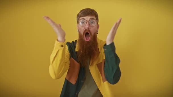 Verrast Jonge Roodharige Man Met Bril Shirt Schetst Een Emotioneel — Stockvideo