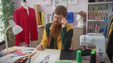 Tasarım atölyesindeki gözlüklü, sakallı, yorgun kızıl saçlı adam..