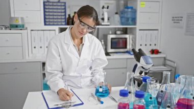 Laboratuvarda test tüpü tutan genç ve güzel İspanyol bilim kadını notlar alıyor.