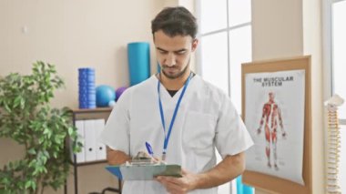 Yakışıklı genç İspanyol erkek doktor bir klinikte anatomik posterlerle not alıyor..