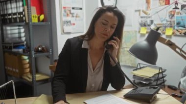 İspanyol kadın dedektif telefonda, belgelerde ve soruşturma kurulunda çoklu görev yapıyor..