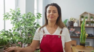 Kırmızı önlüklü orta yaşlı bir İspanyol kadın. Evdeki aydınlık bir odada iç mekan bitkilerinin arasında dikiliyor.