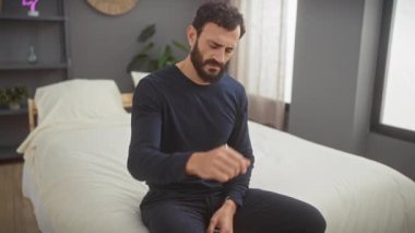 Orta yaşlı sakallı bir adam, modern bir evin içinde, yatak odasının yatağında dirseğini acıdan tutarken sıkıntılı görünür..