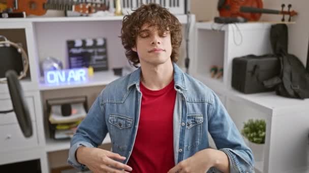 Spokojny Młody Człowiek Kręconymi Włosami Medytuje Nowoczesnym Studiu Muzycznym Otoczony — Wideo stockowe