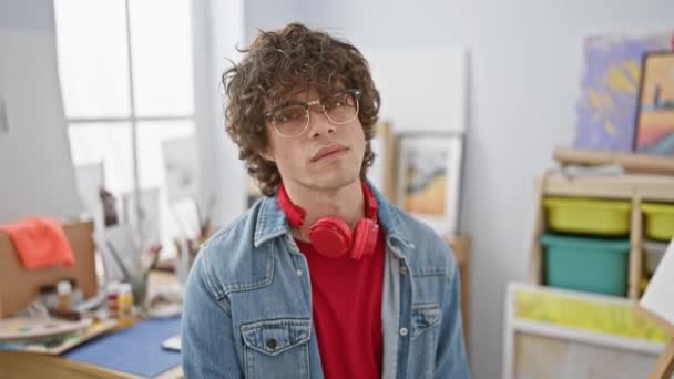 Portrait Homme Aux Cheveux Bouclés Avec Écouteurs Dans Atelier Artiste — Video