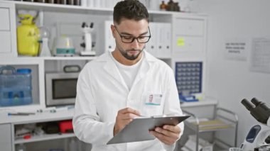 Emekçi kıyafetli bir adam modern bir laboratuvarda panoya yazı yazar..