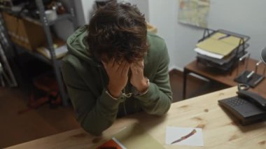 Elleri kelepçeli bir adam dağınık bir polis merkezinde yardım arıyor.