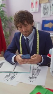 Mavi takım elbiseli odaklanmış bir terzi, akıllı telefonundaki tasarımları iyi donanımlı bir atölyede inceliyor..
