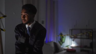 Siyah ceketli, dedektif rozetli, loş bir suç mahalli odasında dikkat bandıyla silah çeken Afro-Amerikan bir adam.