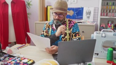 Gözlüklü ve mezuralı düşünceli bir sakallı adam renkli bir terzinin atölyesinde kumaş örneklerini inceler..