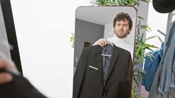 在一个现代化的衣帽间里 一个英俊的男人穿着西服 对风格的选择进行反思 — 图库视频影像