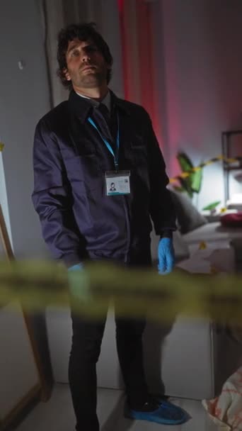 Contemplative Young Man Purple Forensic Suit Investigates Crime Scene Indoors — Stock Video