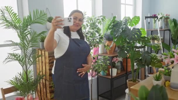 Yeşillik Bitkilerle Çevrili Çiçekçi Dükkanında Akıllı Telefon Kullanan Gülümseyen Kadın — Stok video