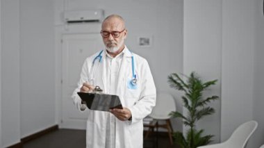 Olgun sakallı bir doktor modern bir klinikte panoya bakıyor..