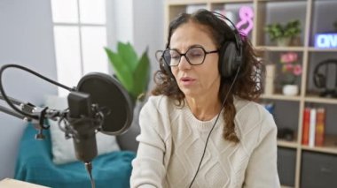 Kulaklıklı İspanyol kadın elinde pembe bir kupayla modern bir podcast stüdyosunda mikrofona konuşuyor..