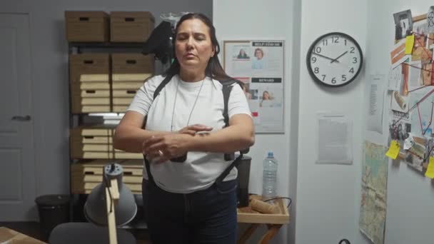 Μια Σοβαρή Μεσήλικη Ισπανίδα Ντετέκτιβ Σταυρώνει Χέρια Της Ένα Γραφείο — Αρχείο Βίντεο