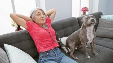 Neşeli orta yaşlı kadın kollarını neşe içinde uzatıyor, güzel gri saçlı köpeğiyle koltukta dinleniyor, kendine güveni ve pozitifliği yayıyor..
