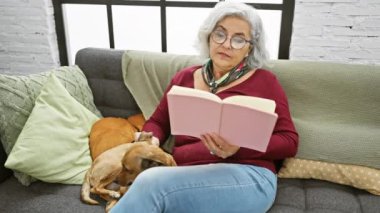 Evde rahat bir kanepede uyuyan köpekle kitap okuyan olgun bir kadın.