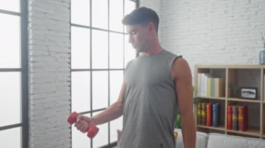Formda bir genç adam modern bir oturma odasında ağırlık kaldırıyor, evde sağlık ve yaşam tarzını gösteriyor..
