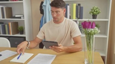 Evde tablet ve defterle çalışan yakışıklı genç adam, kapalı bitkiler ve kitaplıkla çerçevelenmiş..