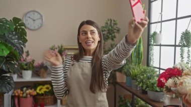 Gülümseyen genç bir kadın evin içinde canlı ev bitkileriyle dolu bir selfie çeker ve rahat bir ev atmosferi sergiler..