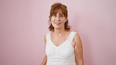 Pembe elbiseli neşeli orta yaşlı kadın tutkulu bir şekilde beş numarayı parmaklarıyla gösteriyor, kendine güveni tam - izole pembe arka plan